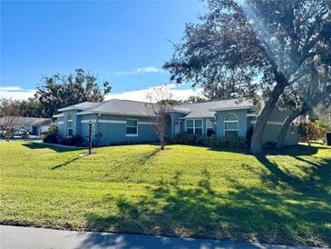 Single-story home with light blue exterior, green lawn, and mature trees at 11218 Fountain Lake Blvd, Leesburg, FL 34788