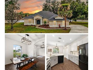 A split-screen view of home exterior, dining area and kitchen, showcasing the home's inviting atmosphere at 14701 Timucua Pl, Clermont, FL 34711