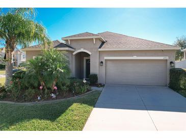 Tan one-story house with a two-car garage and landscaped front yard at 2703 Limerick Cir, Grand Island, FL 32735