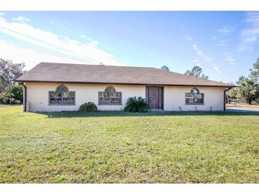 Single-story home with brown roof and landscaped lawn at 26650 Pelican St, Eustis, FL 32736