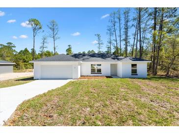 Charming single-story home featuring a two-car garage and a well-manicured lawn on a sunny day at 91 Locust Loop, Ocala, FL 34472
