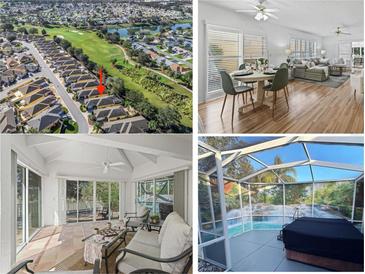 Real estate collage showcasing aerial view, living area, lanai, and pool at 3213 Archer Ave, The Villages, FL 32162