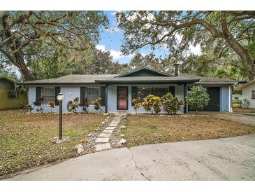 Ranch style home with red door, landscaping, and a paved driveway at 505 W Catawba St, Fruitland Park, FL 34731