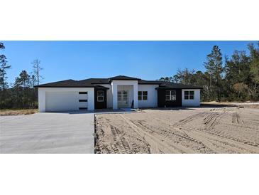 Modern single-story home featuring a two-car garage, black window trim, and a stylish entryway portico at 39817 Forest Dr, Eustis, FL 32736