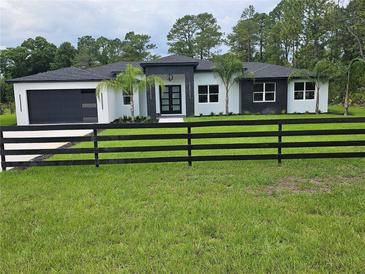 Charming single-story home with modern design, black trim, and lush landscaping at 42157 Tamarac St, Eustis, FL 32736
