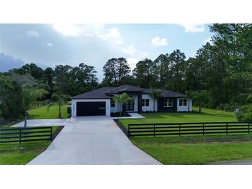 Stunning single-story home featuring a modern black and white exterior, lush lawn, and palm tree accents at 42157 Tamarac St, Eustis, FL 32736