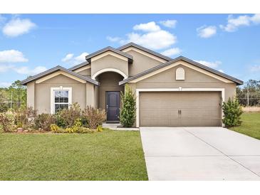 Tan house with a two-car garage and landscaping at 12066 Callicarpa Ln, Leesburg, FL 34788