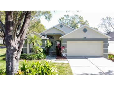 House exterior featuring a two-car garage and well-manicured lawn at 3817 Doune Way, Clermont, FL 34711