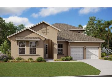 Two-story house with a tan exterior, white garage doors, and landscaping at 14237 Crest Palm Ave, Windermere, FL 34786