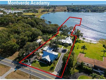 Aerial view of a lakefront home with a large yard and private dock at 17531 County Road 455, Montverde, FL 34756