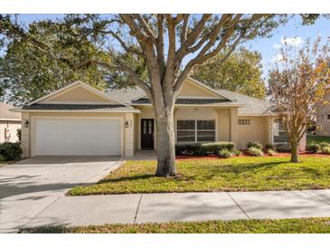 Tan one-story house with a white garage door and landscaping at 979 Princeton Dr, Clermont, FL 34711