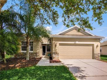 Tan house with a two-car garage and landscaped lawn at 5929 Coquyt Dr, Mount Dora, FL 32757