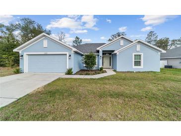 Charming one-story home with a well-manicured lawn, two car garage, and light blue painted siding at 15065 Se 93Rd Ave, Summerfield, FL 34491