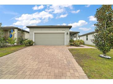 Single-story home with gray siding, paver driveway, and landscaped lawn at 29360 Caspian St, Leesburg, FL 34748