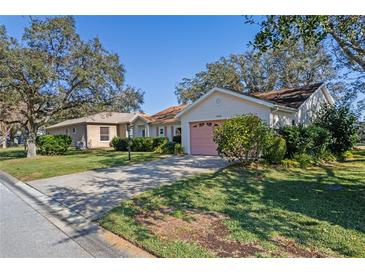 House exterior featuring a pink garage door and well-maintained landscaping at 25236 River Crest Dr, Leesburg, FL 34748