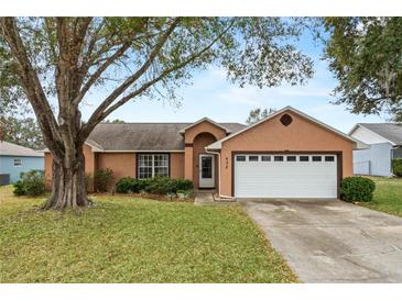 Single story home with a two-car garage and well-manicured lawn at 438 Woodview Dr, Tavares, FL 32778