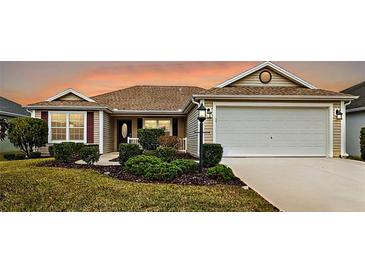 Charming home featuring manicured landscaping and an attached two-car garage at 507 Delfin Rd, The Villages, FL 32163