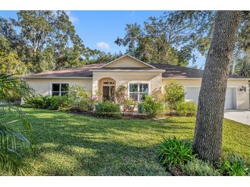 Tan house with brown roof, landscaping, and a two-car garage at 214 Forest Park Ln, Lady Lake, FL 32159