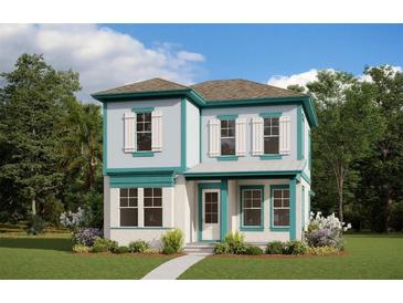 Two-story home with teal accents and a landscaped lawn at 9918 Fiddley Aly, Orlando, FL 32827