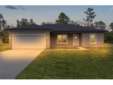 Newly built home with gray exterior, white garage door, and landscaped lawn at 1 Malauka Pass Ct, Ocklawaha, FL 32179