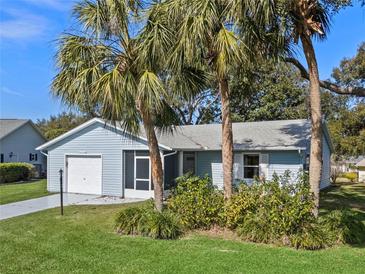 Light blue house with a white garage door and palm trees in the front yard at 26548 Deuce Ct, Leesburg, FL 34748