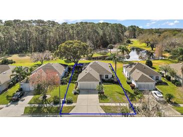 Aerial view of single-Gathering home on a tree-lined street with a pond nearby at 586 Juniper Way, Tavares, FL 32778