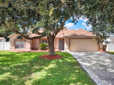 Single-story house with attached garage and a large tree in the front yard at 16011 Lanesboro Ct, Clermont, FL 34711