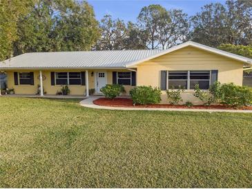 Ranch style home with metal roof, landscaped lawn, and a walkway at 10406 Lakeshore Dr, Clermont, FL 34711