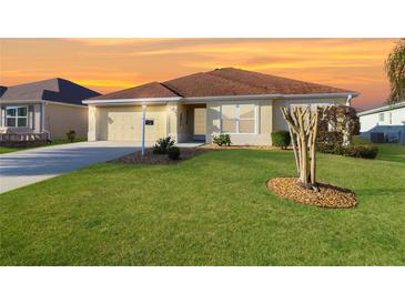 Single-story house with a beige exterior, brown roof, and landscaped lawn at 3180 Dressendorfer Dr, The Villages, FL 32163