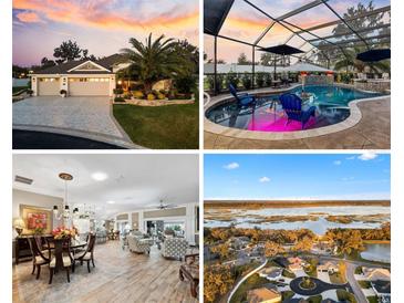 Real estate collage featuring an exterior, pool, an open concept dining-living area, and an aerial view at 4515 Biggs Pl, The Villages, FL 32163