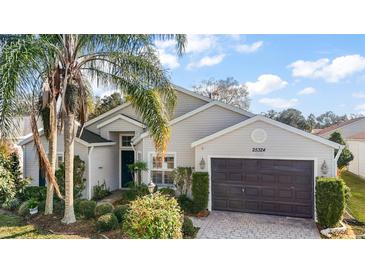 One-story house with light siding, dark garage door, and landscaped yard at 25324 Hibiscus St, Leesburg, FL 34748