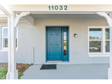 Inviting front entrance with a blue door, neutral siding, and house number above at 11032 Moore St, Leesburg, FL 34788