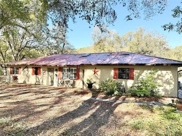 Charming single-story home with a red metal roof, red shutters, and a welcoming front yard surrounded by mature trees at 37807 Felkins Rd, Leesburg, FL 34788