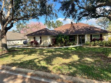 Charming one-story home with a landscaped yard, mature trees, and well-maintained lawn at 11425 Alameda Sandra Dr, Clermont, FL 34711