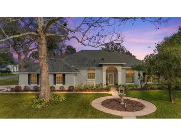 Charming single-story home featuring an arched entryway, well-manicured lawn, and mature landscaping at 19215 Park Place Blvd, Eustis, FL 32736