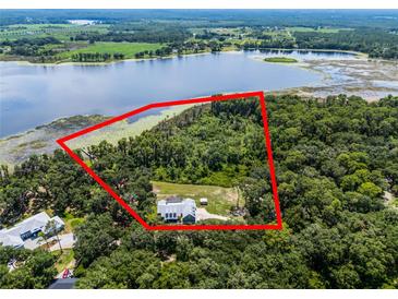 Stunning aerial view of a lakefront home with lush landscaping and private shoreline at 9905 Skylark Ln, Groveland, FL 34736