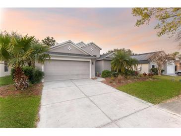 Charming single-Gathering home with a two-car garage, well-kept lawn, and mature landscaping, set against a backdrop of a beautiful sunset at 235 Pima Trl, Groveland, FL 34736