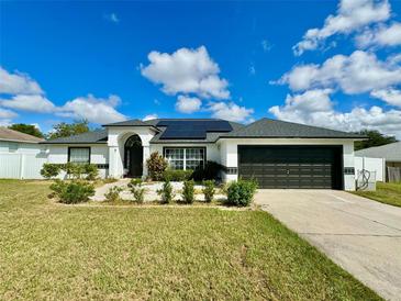 Charming home featuring a well-maintained lawn, a two-car garage, and modern solar panels on the roof at 1209 Demoiselle St, Groveland, FL 34736