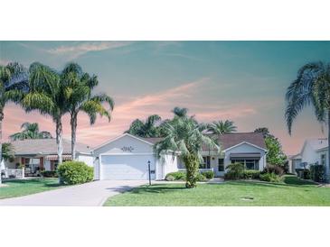 Charming single Gathering home with a well-manicured lawn and mature palm trees at 1617 Lakewood Dr, The Villages, FL 32162