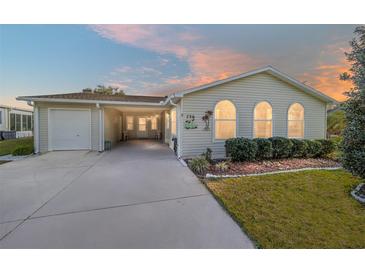 Charming single-story home featuring a well-maintained lawn and a spacious driveway at 736 Heathrow Ave, The Villages, FL 32159