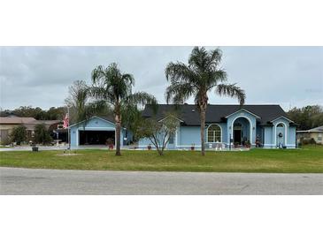 Charming blue single-story home with well-manicured front yard and mature palm trees at 12066 Se 60Th Avenue Rd, Belleview, FL 34420