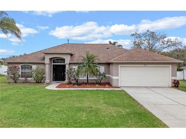 Charming single-story home with a well-manicured lawn and a two-car garage at 2214 Lake Pointe Cir, Leesburg, FL 34748