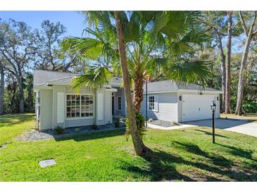 Charming home exterior featuring a well-manicured lawn, palm tree, and an attached two-car garage at 4324 Leafway Cir, Leesburg, FL 34748