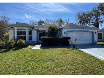 Charming single-story home featuring a well-manicured lawn and a two-car garage at 203 Del Rio Drive, Lady Lake, FL 32159