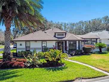 Charming single-story home with manicured lawn and lush tropical landscaping at 21850 Tartan St, Leesburg, FL 34748