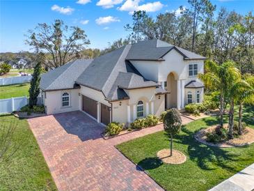 Stunning two-story home with lush landscaping, brick driveway, and a spacious three-car garage at 9513 Mid Summer Ln, Leesburg, FL 34788