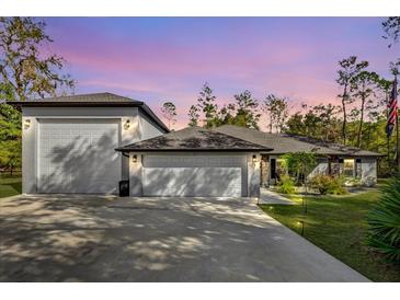 Charming home with a three-car garage and beautiful twilight sky at 73 Bay Dr, Ocklawaha, FL 32179
