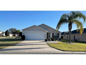 Charming single-story home with a well-manicured lawn, a two-car garage, and a beautiful palm tree in the front yard at 2046 Dalecroft Trl, The Villages, FL 32162