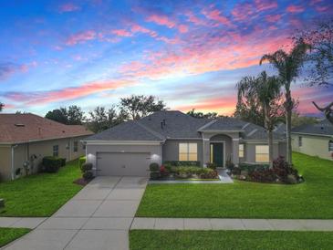 Charming single-story home boasts lush landscaping, a two-car garage, and a well-manicured lawn at 3435 Tumbling River Dr, Clermont, FL 34711