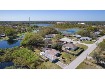 A beautiful aerial view of a home situated on a pond with mature trees and lush landscaping at 377 Ed Douglas Rd, Groveland, FL 34736